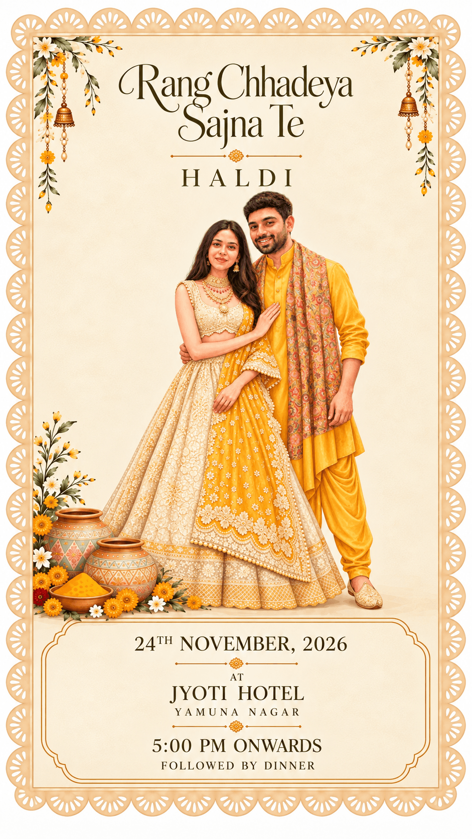 Rang Chhadeya Sajna Te — Haldi, 24th November 2026 at Jyoti Hotel, Yamuna Nagar, 5:00 PM onwards, followed by dinner